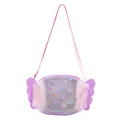 Detail of glitter wings and plush trim on the purple cartoon crossbody bag for kids - Purple