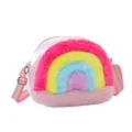 Detalle de bolso bandolera de peluche arcoíris con cuero rosa brillante y correa a rayas - Rosa