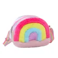 Detalle del bolso bandolera de peluche arcoíris con texturas suaves y cremallera - Colorido