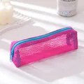 Close-up of pink mesh pencil case with blue zipper on a white aesthetic display tray - Small / Rose Red
