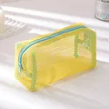 Minimalist rectangular mesh pouch in bright yellow with light blue zipper for stationery - Yellow