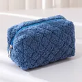 Minimalist deep blue teddy fleece pencil case with high capacity and silver metal zipper - Blue