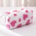 Astuccio bianco in peluche con cuori rosa e chiusura a cerniera in argento lucido - Grande / Cuore Rosa