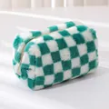 Estuche de peluche a cuadros verdes y blancos con gran capacidad y cierre de cremallera - Verde/Blanco