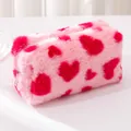 Astuccio in peluche rosa con cuori rossi e chiusura a zip in metallo argentato - Grande / Cuore Rosso Rosa