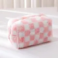 Pink and white checkered plush pencil case with large capacity and metal zipper closure - Pink & White