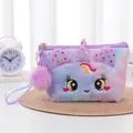 Pochette trucchi unicorno in peluche arcobaleno con cinturino a pompon viola - Viola