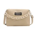 Minimalistische beige Umhängetasche aus PU-Leder mit weißer Acrylkette und Mode-Etikett - Khaki