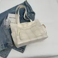 Bolso tote de lona a cuadros blanco crema con gran capacidad y varios bolsillos - Blanco Roto