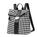 Mochila de moda con estampado de pata de gallo, correa de PU negra y hebilla plata - Negro
