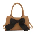 Borsa a mano trapezoidale kaki con grande fiocco nero e tracolla regolabile chic - Marrone