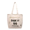 Minimalist beige canvas tote bag with black Disk It text and functional zipper pocket - White