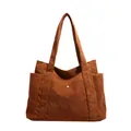 Braune Cord-Einkaufstasche mit Vordertasche und goldenem Druckknopf für Damen - Braun