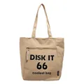 Minimalist beige canvas tote bag with black DISK IT 66 print and zipper front pocket - Khaki