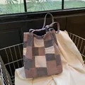 Borsa tote in tela color-block con design patchwork blu profondo, marrone e grigio - Taglia unica / Griglia Marrone
