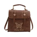 Zaino e borsa a tracolla in pelle PU marrone vintage con ricamo Fancy Club dorato - Marrone