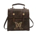 Zaino vintage in pelle PU marrone scuro con ricamo a farfalla dorata e maniglia - Marrone