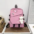 Sac à dos scolaire rose minimaliste avec épinglettes astronaute et peluche d'ours blanc - Rose