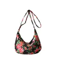 Floral nylon crossbody bag with traditional peony patterns and spacious crescent shape - Black
