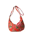 Floral nylon hobo bag in red peony pattern with adjustable crossbody strap - Red