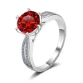Macro view of red moissanite ring with six-prong setting and S925 silver hallmark - Size 5 / Garnet Red (3 Carat)