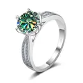 Three carat moissanite ring with six-prong crown setting and S925 silver band - Size 5 / Blue Green (3 Carat)