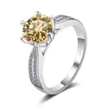 Three carat yellow moissanite ring with six-prong S925 silver band and pave accents - Size 5 / Champagne (3 Carat)