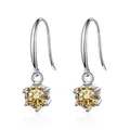 Detail of six-prong setting with yellow round-cut moissanite stone on silver hook earrings - 1 Carat * 2 / Champagne
