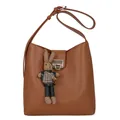 Sac seau en cuir marron avec bandoulière réglable et breloque lapin mignonne - Marron