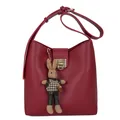 Sac seau en cuir rouge avec boucle dorée et charm de lapin à carreaux - Rouge