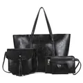 Black 4-piece tote bag set with crossbody bag and wallet in retro embossed faux leather - Black