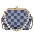 Blue checkerboard shell bag with pearl handle and golden chain strap for women - Denim Blue Grid