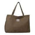 Grande borsa tote in tela marrone scuro con una toppa bianca decorativa e minimalista - Cachi