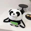 Cute panda plush backpack for children featuring soft black and white faux fur and bamboo detail - White