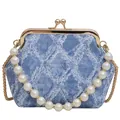 Blue denim shell bag with white quilted fringe detail and white pearl beaded handle - Wide Denim Light Blue
