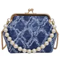 Blue denim shell bag with white frayed diamond patterns and large pearl handle strap - Wide Denim Blue