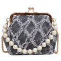 Vintage gray denim shell handbag with pearl handle and quilted rhombus pattern - Wide Denim Black