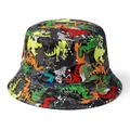 Colorful cartoon dinosaur print bucket hat for children with wide brim for sun protection. - Black-based Dinosaur / 48-52cm 2-5 Years Old