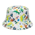 Children's white cotton bucket hat featuring colorful dinosaur and space cartoon prints - Rocket Dinosaur / 48-52cm 2-5 Years Old