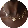 Gold multi-charm evil eye necklace featuring heart and cross pendants on flat oval links - Multi-Charm Fashion (Heart/Cross/Butterfly/Boot)