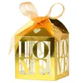 Hollow Love ivory candy box with gold foil finish and orange ribbon for wedding favors - Reflective Gold
