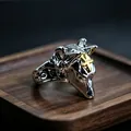 Detailed close-up of retro Anubis silver alloy ring featuring golden Ankh cross symbol - J270 Wolf Head