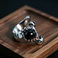 Macro detail of gothic scorpion ring with black gemstone and vintage silver finish - J272 Scorpion