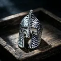 Detailed macro view of a vintage Spartan helmet ring with a distressed silver finish - J299 Mask
