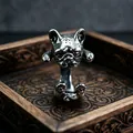 Macro detail of retro silver bulldog ring showing intricate animal carving and texture - J302 Dog