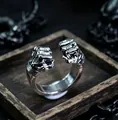 Detail shot of vintage silver double-fist open ring with punk rock textured aesthetic - J318 Fist