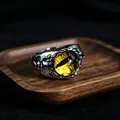 Retro gothic men's ring with a realistic yellow dragon eye stone and vintage metal finish - J343 Yellow Eyes