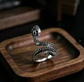 Vintage silver snake ring with scale textures and antique finish for men - J344 Snake