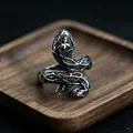 Vintage oxidized silver snake ring with scale textures and adjustable open band design - J350 Snake