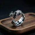 Retro squirrel animal metal open ring with vintage silver finish for men on wood tray - J102 Squirrel